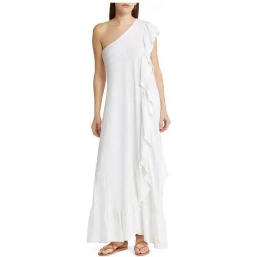 Elisa Slub Cotton White Maxi Dress Ruffled One Shoulder Dress Medium - Picture 2 of 16